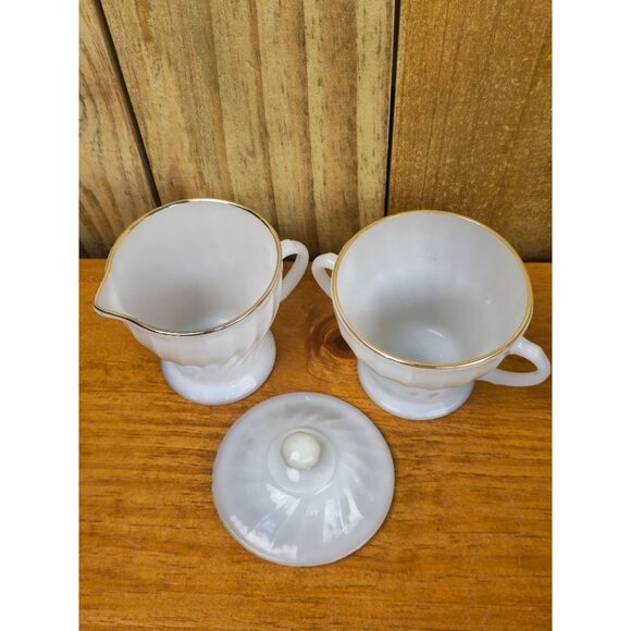 Vintage Anchor Hocking Fire-King Swirl Milk Glass Creamer and Covered Sugar Bowl - Picture 8 of 12